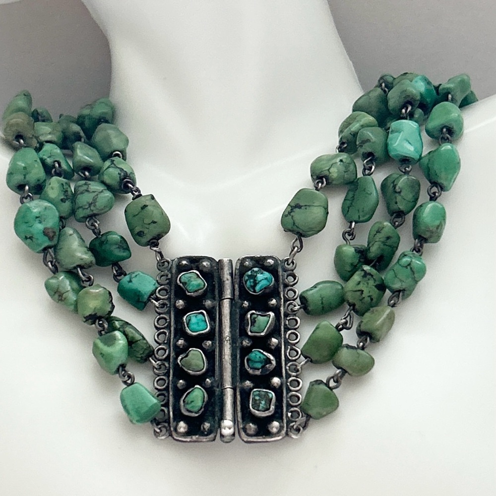 Stunning Semi Antique Chinese Four Strand Turquoise Sterling Silver Necklace
